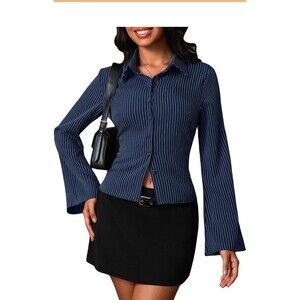 Women Button Down Shirt Blouse Long Sleeve Collared Striped Office Dress Tops